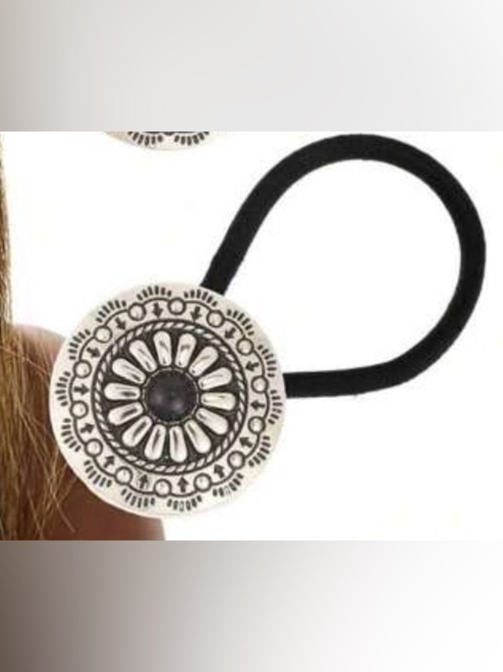 Hair Tie with Black Center & Silver-Tone Floral Medallion